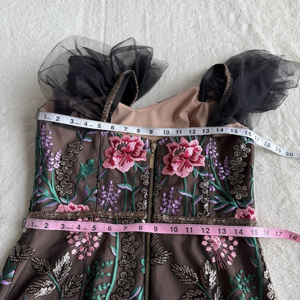 Floral Embroidered Mesh Cocktail Dress with Tulle Shoulders - Pink/Green - Picture 5 of 13